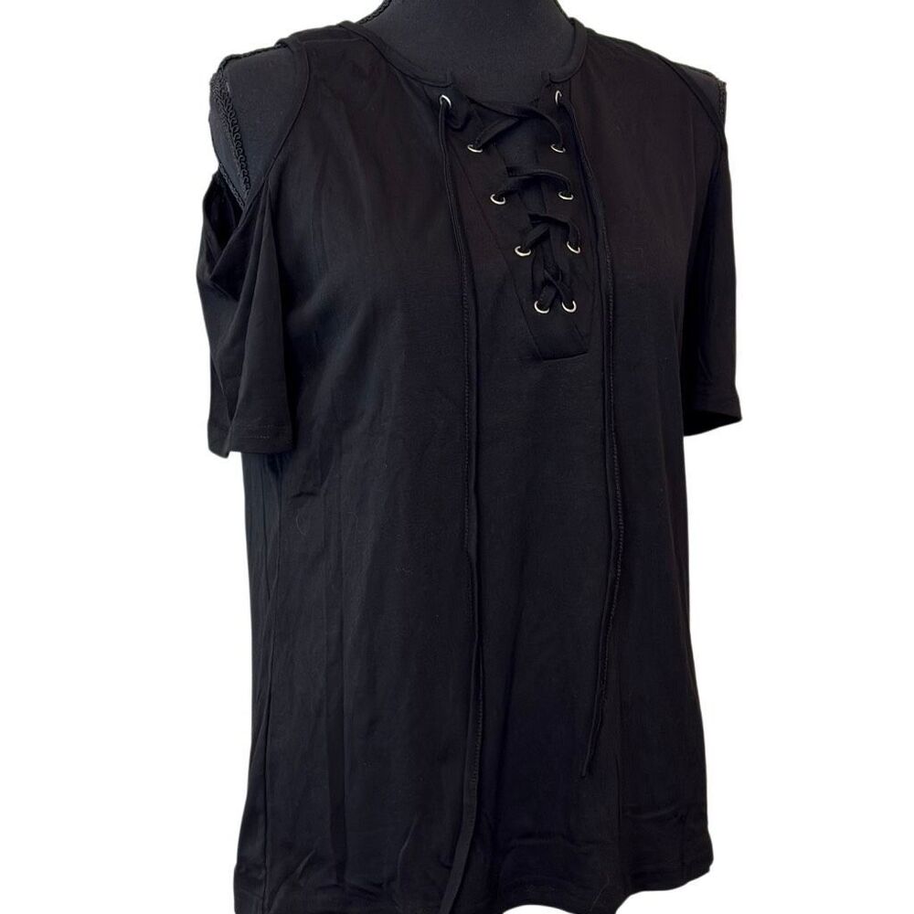 Sematomala Cold Shoulder Pirate Lace-up Front Jersey Black Tee Medium